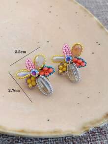 1pair Alloy Faux Jade & Faux Pearl & Flower Design Stud Earrings For Ladies, Perfect For Date Or Party Valentines - Multicolor - View 2