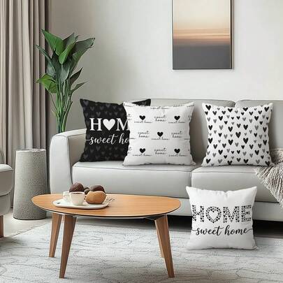Bộ 4 vỏ gối trang trí bằng nhung mềm mại họa tiết trái tim đen trắng, 100% polyester, dùng trang trí phòng khách, sofa, phòng ngủ, không kèm ruột gối, kích thước 16"X16"/18"X18"/20"X20"
