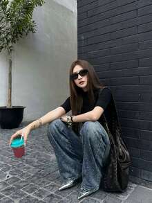 Quần jeans nữ dáng suông cạp trung bình, đính đá lấp lánh, kiểu dáng thường ngày (không kèm thắt lưng) - Màu xanh lam - Xem 5