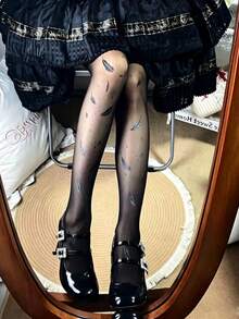 1双女士羽毛印花透明连裤袜，白色修身百搭紧身裤，适合洛丽塔、婚礼、派对、节日装扮 - 彩色 - 查看 12