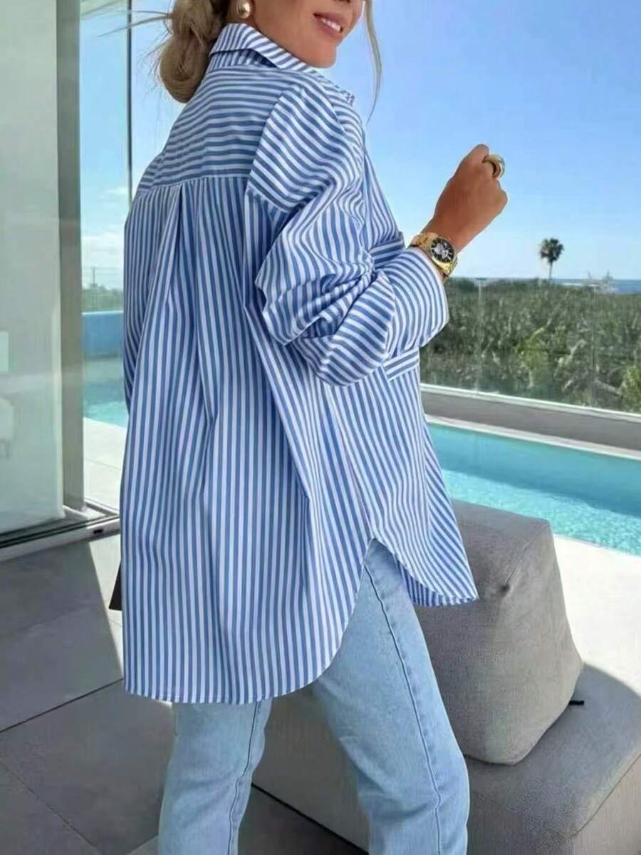 Plus Size Women Fashion Lapel Loose Long Sleeve Striped Casual Shirt Spring - Blue Stripes - View 1