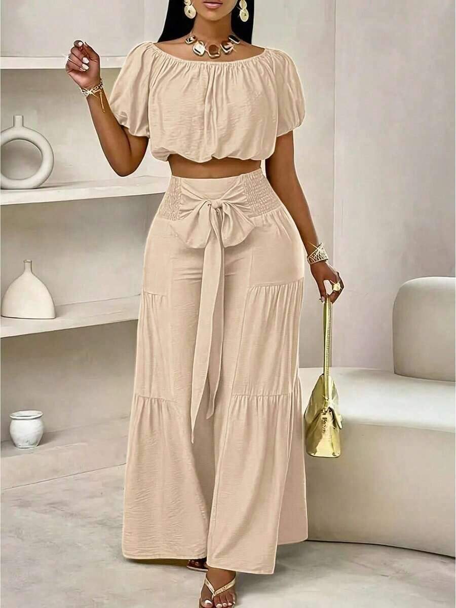 Women's Casual Solid Color Short Sleeve Top + Drawstring Waist Long Pants 2 Piece Set, Summer Outfits For Women Pink - Apricot - View 1