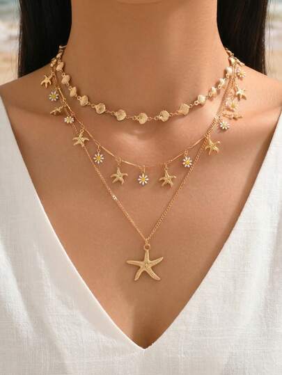 Bộ 3 chiếc vòng cổ thủ công bằng hợp kim hình vỏ sò, mặt dây chuyền hình sao biển thời trang, thích hợp cho kỳ nghỉ biển, đeo hàng ngày, dự tiệc và hẹn hò.