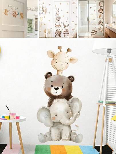 BRUP 1/2 Tờ Giấy Dán Tường Phòng Trẻ Em Hình Động Vật Xếp Chồng Màu Nước - Hươu cao cổ, Gấu, Voi, Trang Trí Phòng Trẻ Sơ Sinh, Phòng Chơi, Phòng Ngủ, Có Keo Tự Dính, Có Thể Tháo Rời, Tự Làm Tranh Dán Tường Nghệ Thuật.