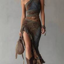 2026 New Vintage Patchwork Print Asymmetrical Long Dress Slim Fit High Slit Dress - 印花色 - 查看 2