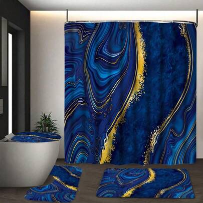 1件/4件套金色镶边蓝色大理石纹浴帘套装，含浴室地垫、U型马桶盖，防水涤纶材质，带12个挂钩，可水洗，适用于浴室或浴缸装饰，是馈赠亲朋好友的完美节日礼物。