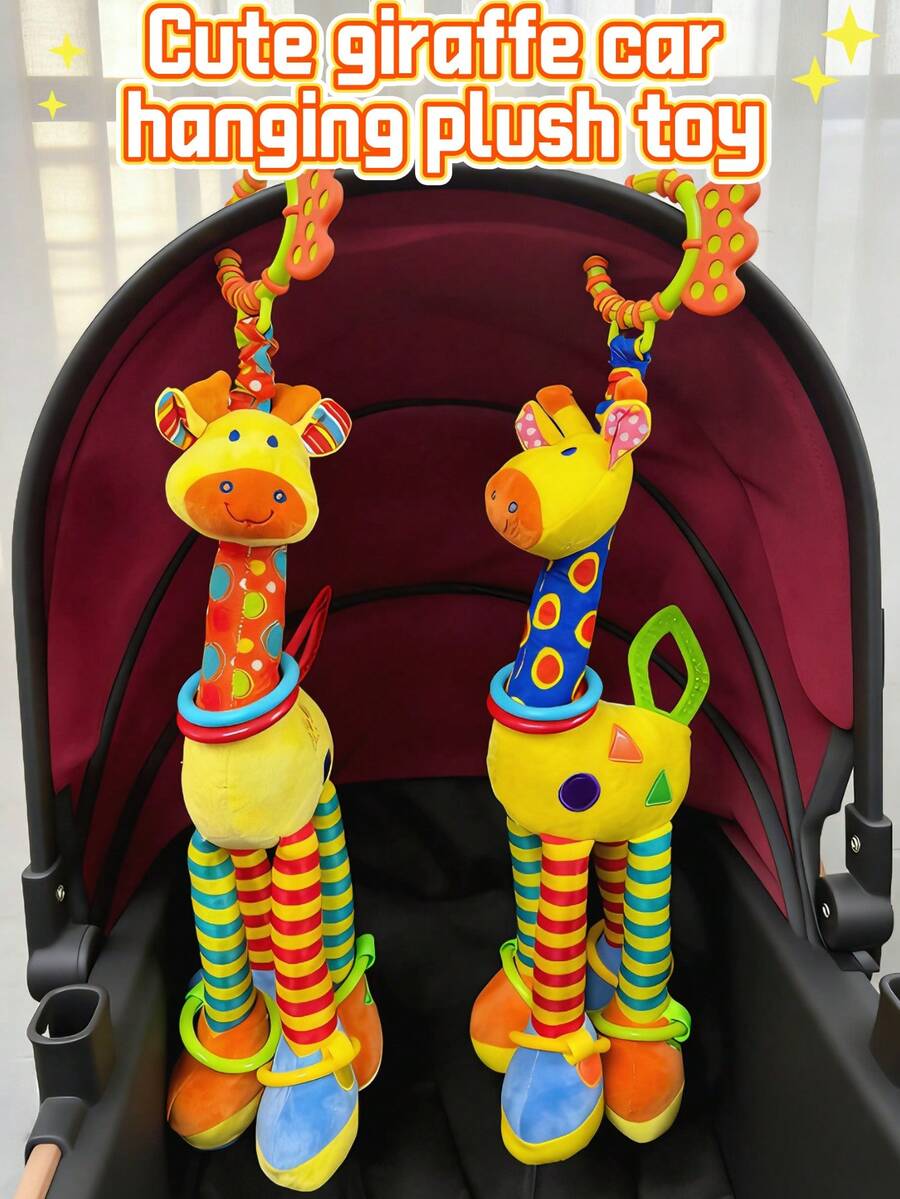 1pc Giraffe Shaped Baby Stroller Hanging Toy, Soft Plush Car Seat Rattle Toy, Interactive Infant Soothing Toy With Bell, Crinkle Paper And BB Sound, Suitable As Newborn Gift