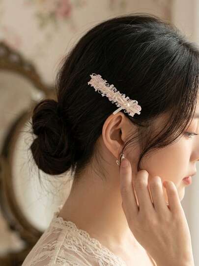 2pcs Elegant Bowknot Faux Pearl Fabric Hair Clips, Versatile For Daily, Commute, Date, Party, Gift