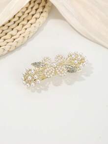 1pc Luxury Elegant Spring Loaded Hair Clip, Pearl Bow Flower Clover Pattern, For Casual Updo Hairstyle - Multicolor - View 3