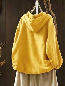 Women's Spring/Autumn Vintage Loose Casual Shirt, Women Loose Hooded Button Up Top With Adjustable Drawstring Hem , Casual Holiday, Layered Design, Solid Color Fashion, Solid Color Front Button Drawstring Pocket Daily Wear - Pale Yellow - View 2