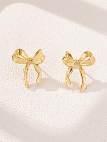 1 Pair Retro Chic Bow Stud Earrings, Versatile & Stylish Fashion Accessories For Women Valentines,Mom,Mother,Mother's Day,Gift - Gold - View 9