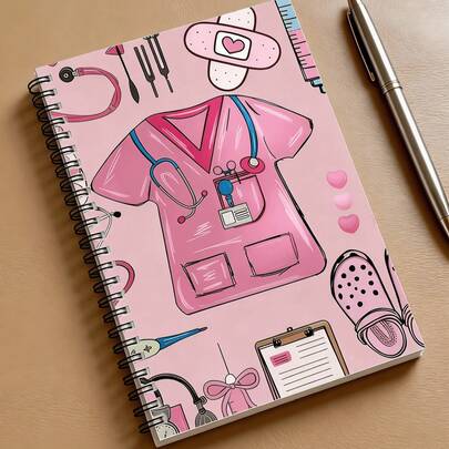 美观护士主题螺旋笔记本 - 医疗主题设计（听诊器和心跳图案），耐用螺旋装订，护理学校必备，送给女性护理毕业生的礼物，便携式旅行日记和个人记事本，护士感谢礼物，专业计划本，医疗主题封面，螺旋装订。开学季必备。