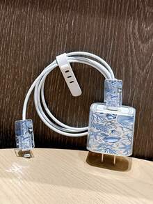 Funda protectora minimalista para cargador de Apple con patrón de océano azul y blanco, adecuada para cable de cargador de 20W 15, cable de datos de teléfono 16 Pro Max, 13/14 Plus Funda protectora para evitar dobleces y masticado - Multicolor - Ver 4