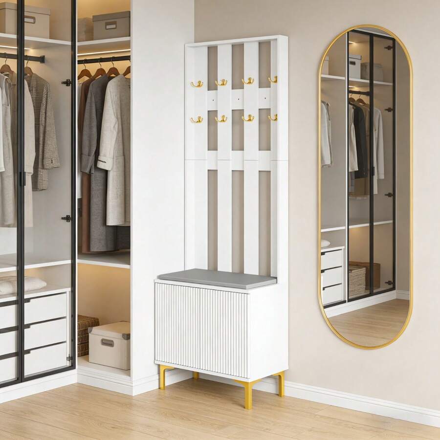 Hygrad Built to Survive Coat Rack Stand With 2 Tier Shoe Storage Bench Clothes Hat Stand Hanger 8 Hooks - White - View 1