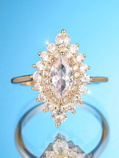 1 chiếc nhẫn nữ mạ vàng KC đính đá Cubic Zirconia trắng hình mắt ngựa tinh tế - Món quà sang trọng cho Ngày của Mẹ, thích hợp để dự tiệc, đeo hàng ngày và làm quà tặng, phù hợp mọi mùa.