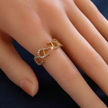1 pieza Anillo abierto con forma de letra incrustado con circonita, elegante y lujoso, personalizado, adecuado para el lugar de trabajo, fiesta anual, reunión, combinación - Anillo abierto - Ver 6