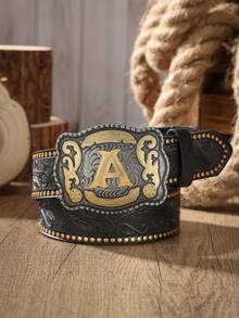 1 chiếc thắt lưng da PU dập nổi chữ cái, kiểu dáng retro miền Tây, phù hợp để phối cùng quần jeans. - màu đen - Xem 24