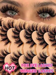 7 Pairs Cartoon Style Fluffy Cat Eye False Eyelashes, Flared Ends, Extra Long Soft & Natural Looking Faux Mink Lashes, Strip Eyelashes - 黑色 - 查看 1