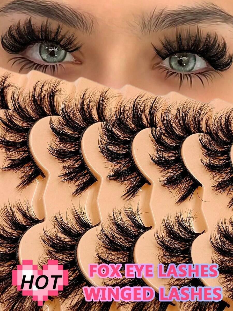 7 Pairs Cartoon Style Fluffy Cat Eye False Eyelashes, Flared Ends, Extra Long Soft & Natural Looking Faux Mink Lashes, Strip Eyelashes - 黑色 - 查看 1