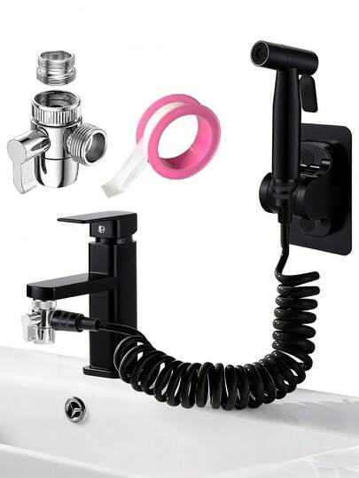 (5pcs) Black Toilet Faucet, Bidet Sprayer, Toilet Handheld Sprayer With Water Diverter, 118.11 In Flexible Hose, Adjustable Bracket, And 3 Meters Plumber's Putty