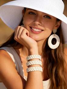 Yanxyad 手工波西米亚风藤编首饰套装，包括手链、耳环和可折叠遮阳帽，轻便易携，适合海滩度假旅行。 - 白色 - 查看 2