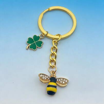 Medvang 1pc Bee & Four-Leaf Clover Zinc Alloy Keychain, Golden Good Luck Blessing Keyring, Graduation Gift
