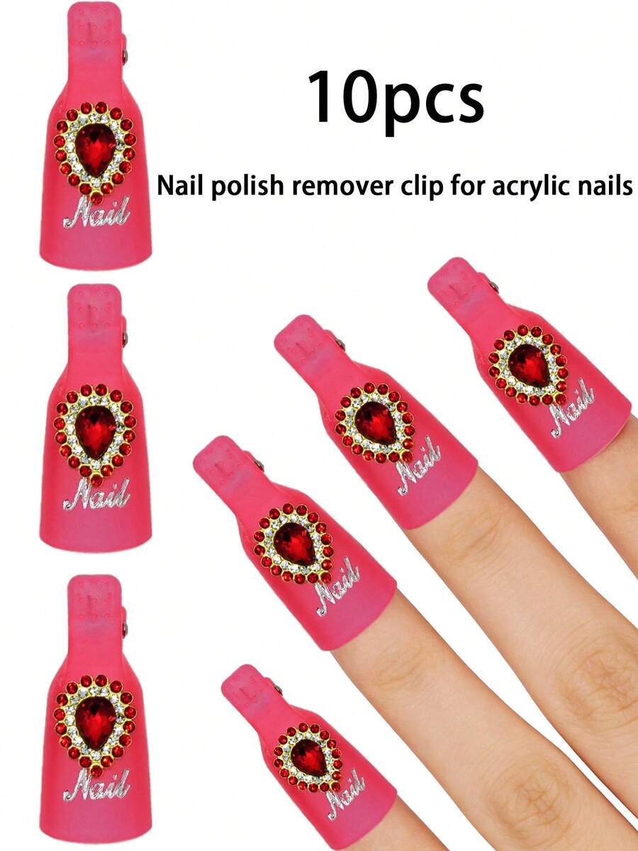 10个装红宝石指甲油卸甲夹。粉色亚克力指甲油卸甲液 - UV凝胶指甲油卸甲液 - 美甲工具包装盖 - 美甲护理工具。指甲油卸甲盖支架，指甲油卸甲工具，凝胶指甲油卸除包装工具，卸甲夹，指甲清洁包装夹 - 彩色 - 查看 1