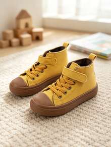 1双儿童黄色帆布高帮运动鞋，系带设计，经典简约男童网球鞋，适合日常户外活动、上学、运动，四季皆宜。 - 黃色 - 查看 1