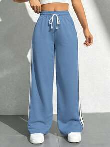 Pantalones de chándal de cintura alta de color sólido - Pantalones de yoga de pierna ancha y corte holgado con bolsillos laterales, adecuados para el uso diario en otoño, pantalones casuales holgados de unicolor y elegante y minimalista - Azul a rayas - Ver 3