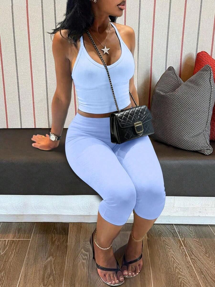 LovelyWholesale Women's Casual V-Neck Ribbed Knit Tank Top And Fitted 7/8 Pants 2 Pieces Set, Summer Black - Baby Blue - View 1