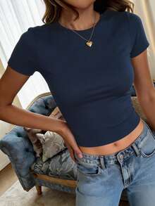 GAOVOT Áo thun nữ mùa hè thể thao năng động, gợi cảm, ôm sát, cổ tròn, tay ngắn, thích hợp mặc hàng ngày, chạy bộ, tập thể dục. - Xanh đậm - Xem 1