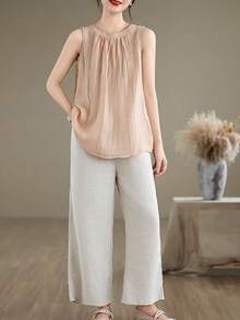 Débardeur rose vintage à col rond, plissé, ample et à la mode - Rose bonbon - Voir 4