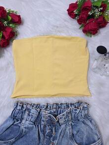 2 Cropped Tube Top For Women, Strapless And Without Padding, Basic, Double Layer Of Spandex, Slim Fit Shaping Top, Strapless - Ruby Red/yellow - View 10