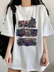 日系女式宽松休闲圆领卡通猫咪印花短袖T恤，春夏百搭白色 - 白色 - 查看 2