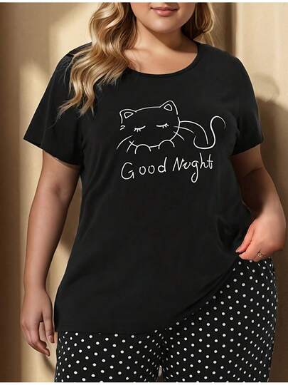 Pijama personalizado (solo parte superior) para mujer, moderno, casual, cómodo y práctico para el hogar, con ilustración sencilla de un gato y estampado de "buenas noches", cuello redondo, manga corta y diseño de lunares.