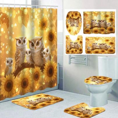 1pc/4pcs Owl On Tree Branch, Sunflower, Natural Wind Shower Curtain Set. A Decorative Bathroom Set Includes A Shower Curtain, Non-Slip Mat, Toilet Seat Cover, Bathroom Mat, And 12 Plastic Hooks. Bathroom Accessories, Gift, Home Decor, Dorm Decor. Easy To Clean And Maintain, Suitable For All Seasons.