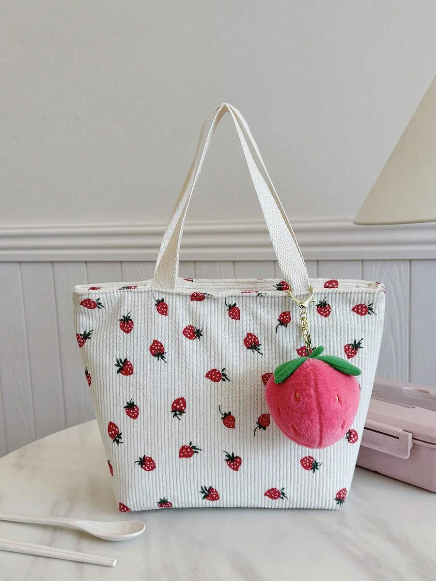 便携式保温午餐包，防水午餐盒手提袋，学生午餐包，可爱豹纹和花卉图案，粉色 - 米色 - 查看 1