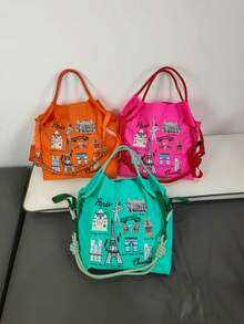 1个新款时尚多功能刺绣埃菲尔铁塔图案大容量手提包，轻便尼龙可折叠托特包 - 彩色 - 查看 3