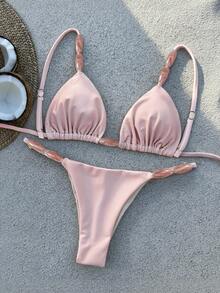 Bikinx Bộ bikini nữ thanh lịch, thiết kế dây mảnh, buộc phía trước và hở lưng với chi tiết thắt nút tạo vẻ ngoài thời trang cho kỳ nghỉ hè trên bãi biển, màu hồng. - Hồng - Xem 3