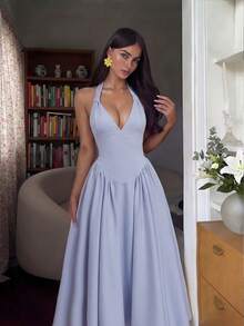 女士纯色针织双层A字性感优雅婚礼派对沙滩度假连衣裙 - 藍色 - 查看 2