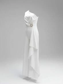 Jumpsuit Kasual Wanita Warna Polos dengan Dekorasi Logam dan Hem Berumbai, Putih Elegan untuk Musim Panas - Putih - View 5