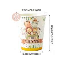 24 件丛林动物印花纸盘和餐巾派对用品，卡通动物图案狂野派对一次性纸盘、杯子，非常适合狩猎生日餐具、丛林盘子、派对盘子促销 - 彩色 - 查看 6