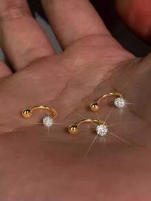 3件套简约闪亮立方氧化锆不锈钢C形螺丝耳钉，适合日常、节日、通勤等场合，百搭饰品，也是一份贴心的礼物。 - 金黃色 - 查看 2