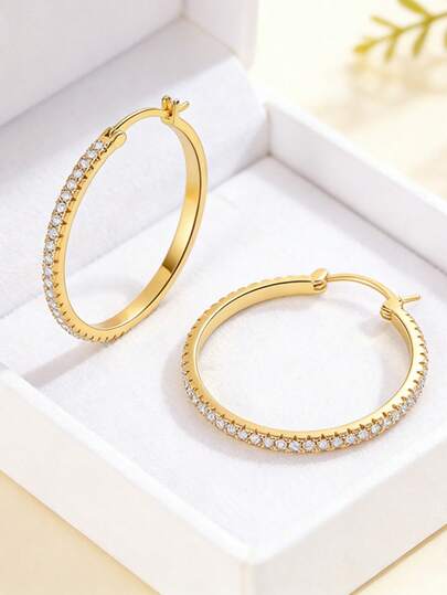 Khuyên tai vòng lớn mạ vàng 18K dành cho nữ, khuyên tai vòng lớn đính đá Cubic Zirconia lấp lánh, khuyên tai kẹp CZ không gây dị ứng, kiểu dáng cổ điển Châu Âu và Mỹ, món quà hoàn hảo cho thời trang, tiệc tùng, đám cưới, dạ hội, khuyên tai vàng 18K chống oxy hóa.