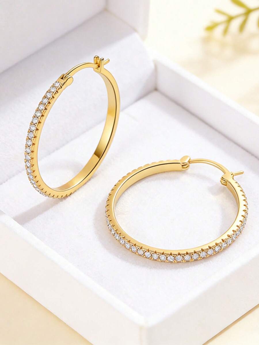 Khuyên tai vòng lớn mạ vàng 18K dành cho nữ, khuyên tai vòng lớn đính đá Cubic Zirconia lấp lánh, khuyên tai kẹp CZ không gây dị ứng, kiểu dáng cổ điển Châu Âu và Mỹ, món quà hoàn hảo cho thời trang, tiệc tùng, đám cưới, dạ hội, khuyên tai vàng 18K chống oxy hóa. - Vàng - Xem 1