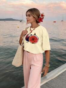 Maglietta a maniche corte con stampa di frutta in stile bohémien minimalista, oversize, casual e versatile, adatta per l'estate, viaggi all'aperto, servizi fotografici e brunch estivi e autunnali - Albicocca - Visualizzare 2