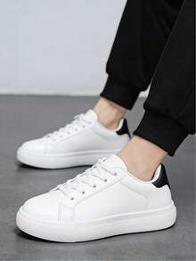 Men's Classic Black & White Contrast Color Casual Skate Shoes, Outdoor Korean Fashion Daily Wear Height Increasing Sports Walking Sneakers - White - View 5