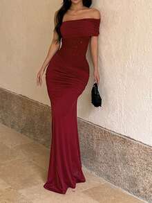 Vestido de verão WOWDARK, vermelho vinho, elegante vestido de festa com ombros assimétricos e silhueta ajustada, adequado para o Dia dos Namorados, encontros, reuniões, festas, viagens, férias, praia e outras ocasiões. Ideal para casamentos e primavera. - Borgonha - Ver 7