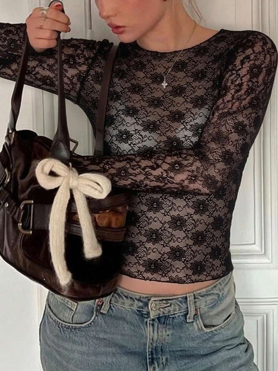 女士花卉蕾丝性感修身长袖上衣，春夏派对、夜店、度假、休闲街头Y2K风格服装，黑色 - 黑色 - 查看 1