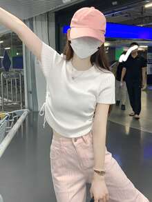 纯色收腰褶皱休闲夏季短袖针织女式上衣 白色 - 白色 - 查看 5